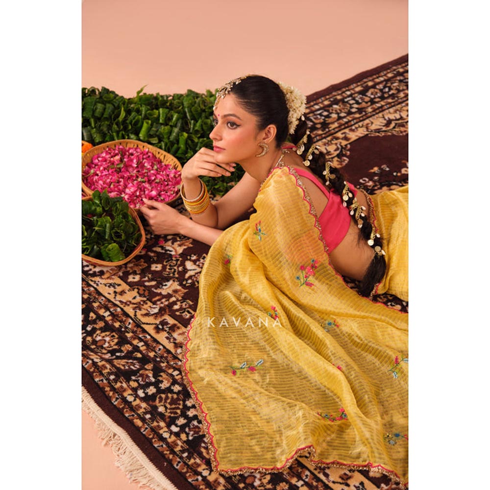 KAVANA Patra Chanderi Yellow Saree
