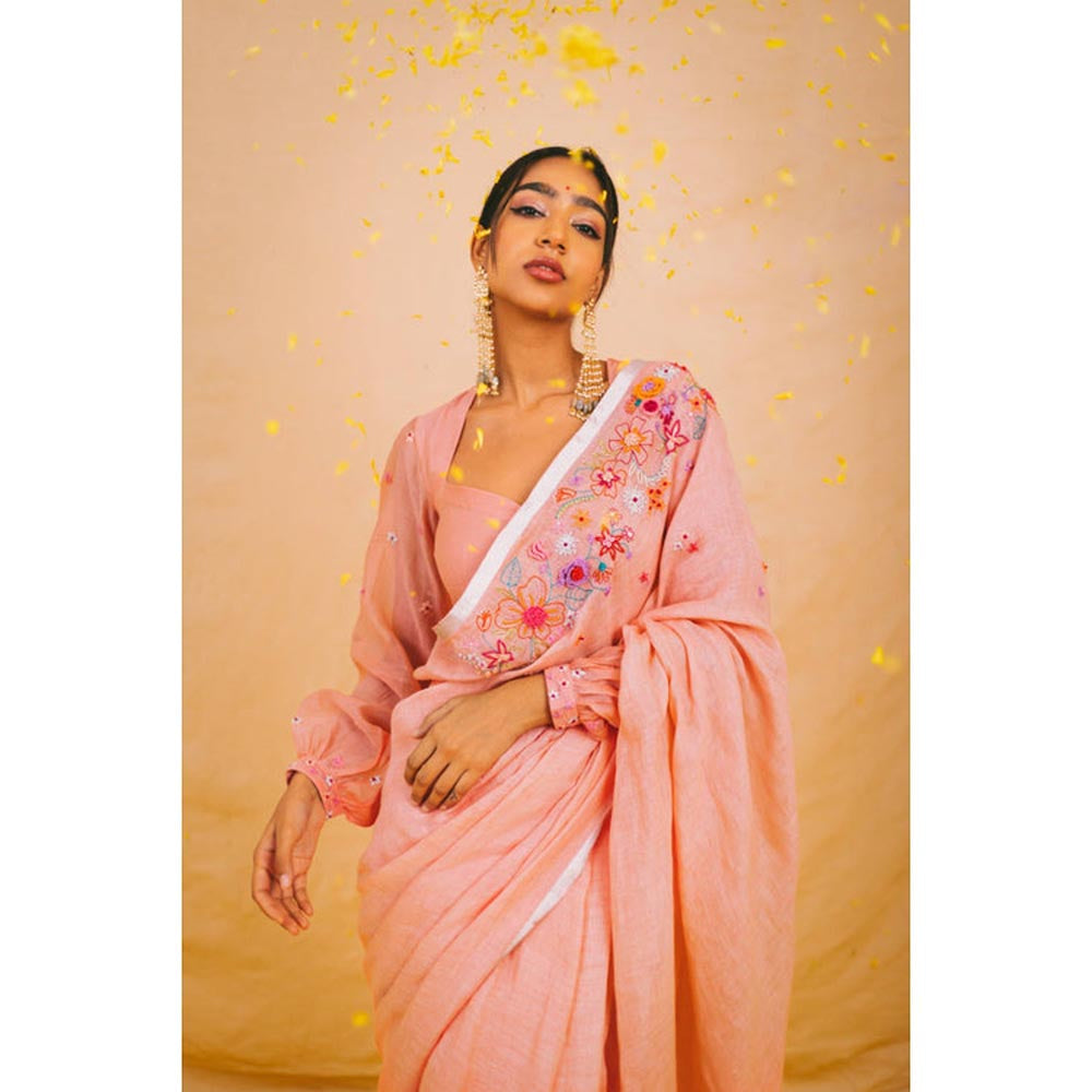 KAVANA Women Embroidered Pink Varahi Linen Saree