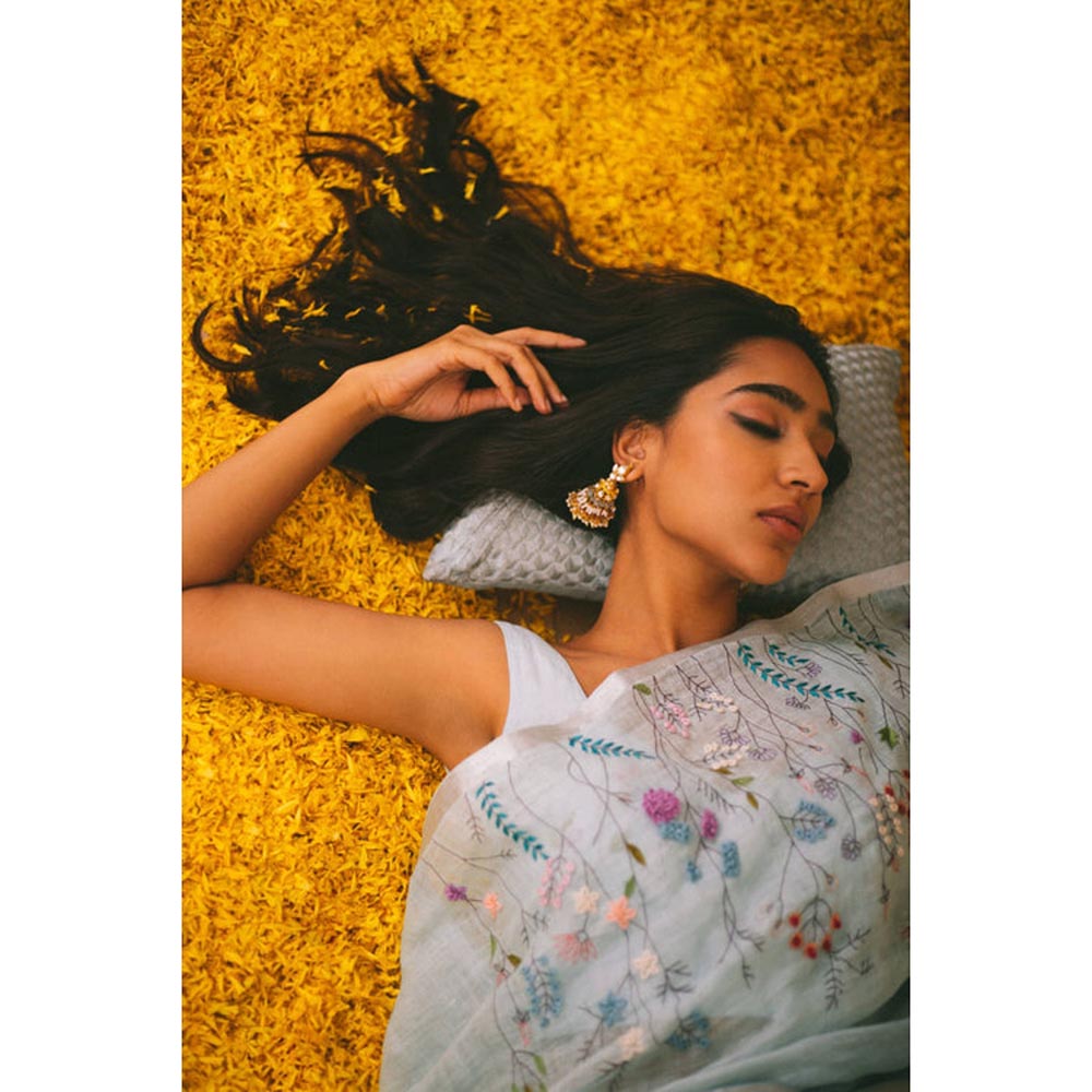 KAVANA Kumud Linen Blue Embroidered Saree