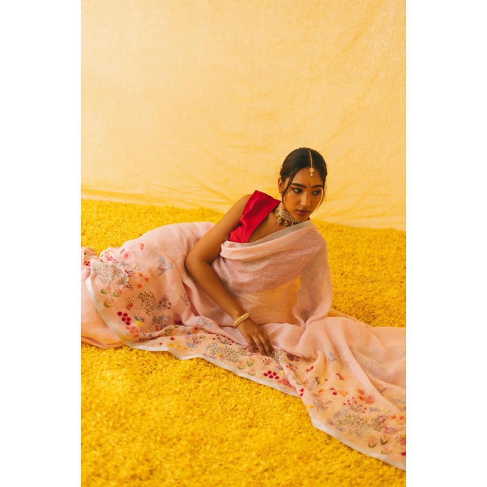 KAVANA Jhilmil Pink Embroidered Linen Saree
