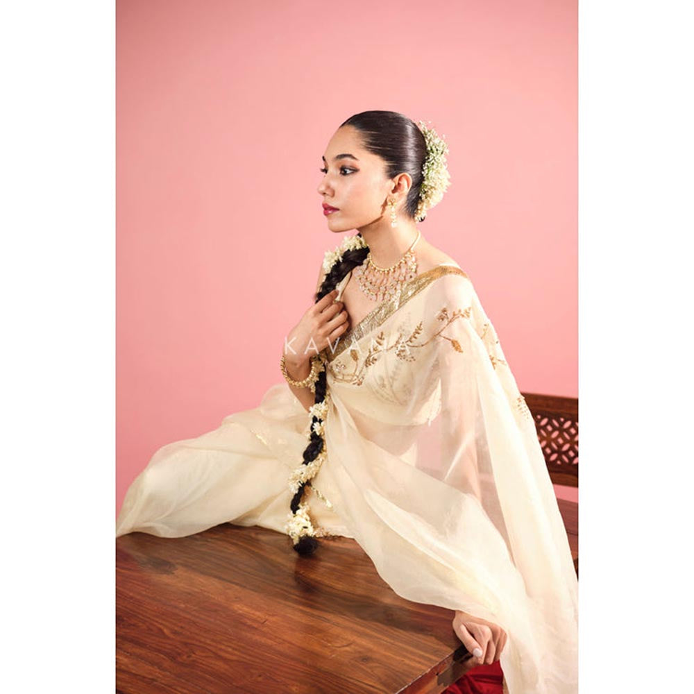 KAVANA Women Embroidered Cream Ruhani Silk Organza Saree