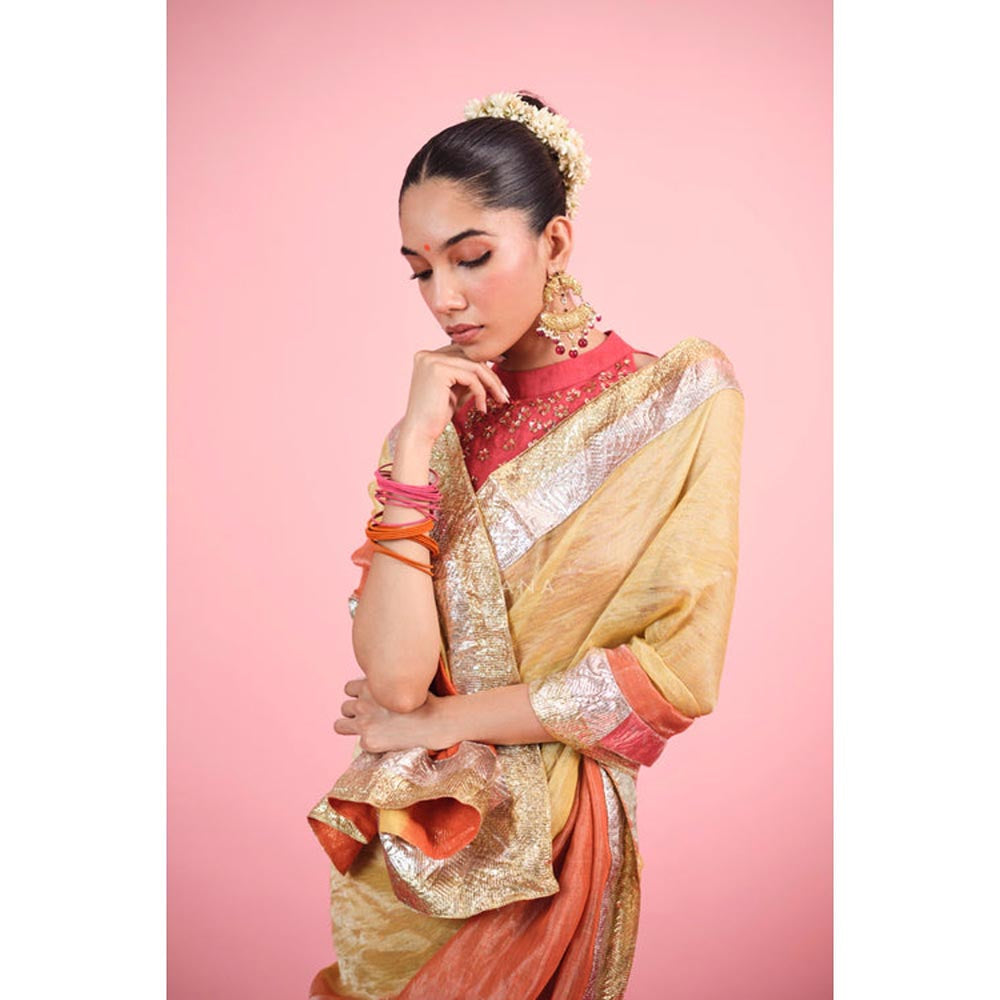 KAVANA Women Orange Zarini Tissue Linen Saree