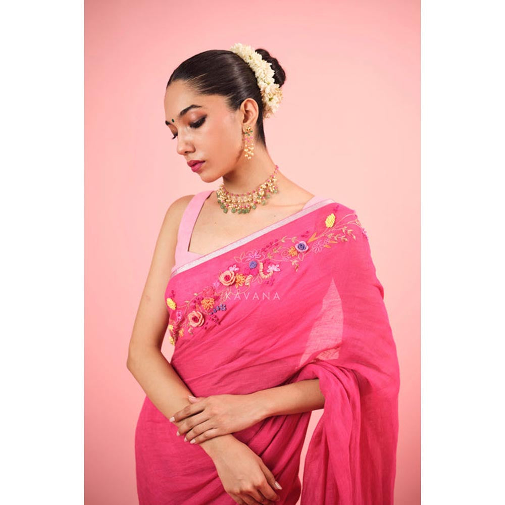 KAVANA Women Floral Pinkravya Linen Saree