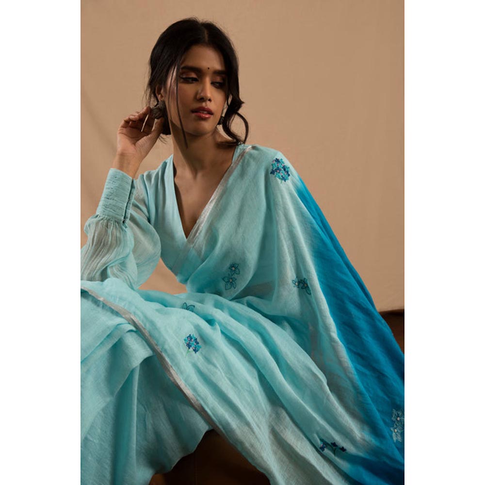 KAVANA Leher Blue Embroidered Linen Saree
