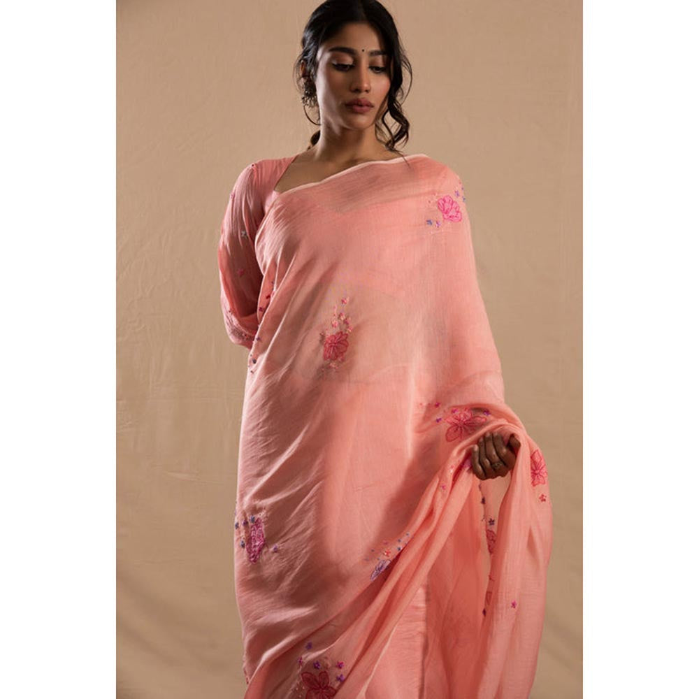 KAVANA Women Pink Embroidered Gulmohar Chanderi Saree