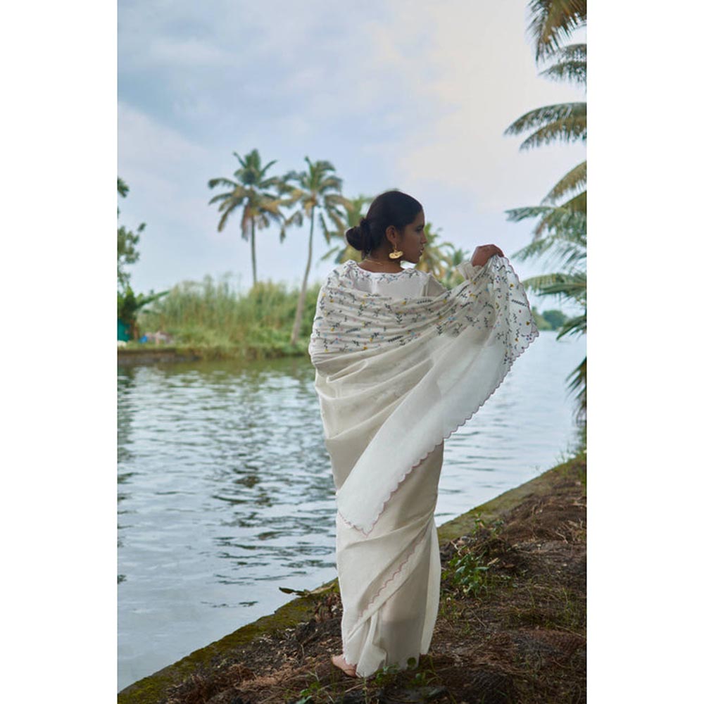 KAVANA Mace White Handwoven Chanderi Saree