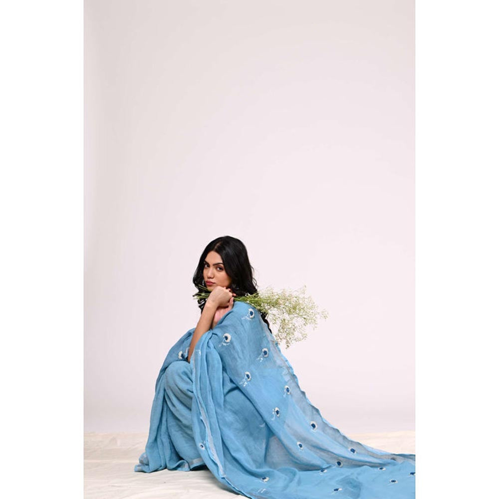 KAVANA Women Blue Embroidered Gulista Linen Saree