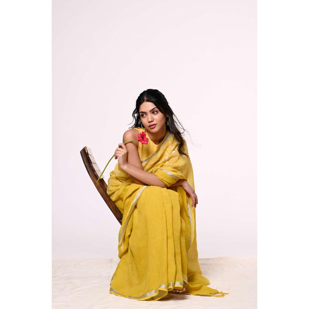 KAVANA Women Yellow Embroidered Genda Linen Saree