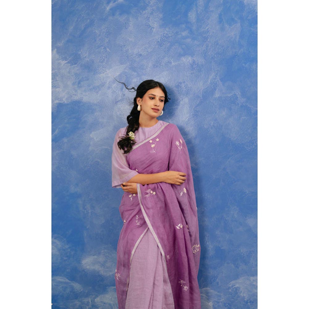 KAVANA Manjri Linen Purple Embroidered Saree