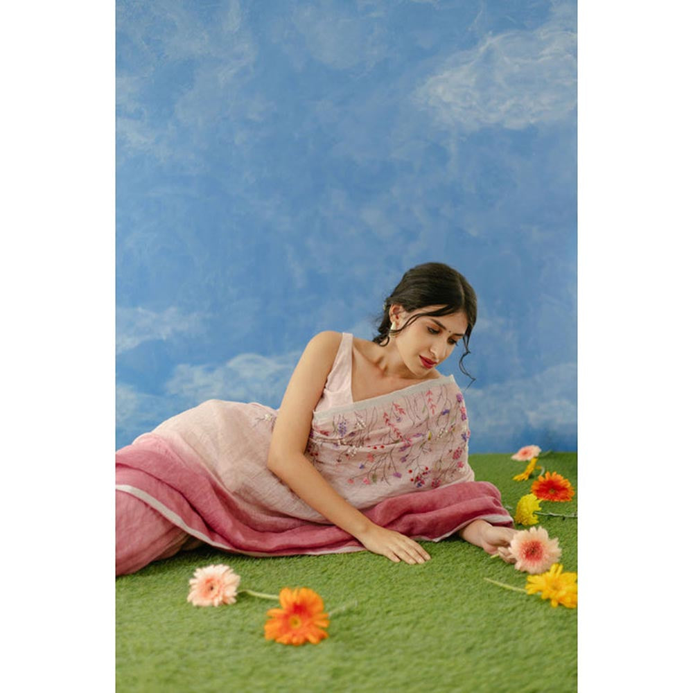 KAVANA Women Pink Embroidered Gulkand Linen Saree
