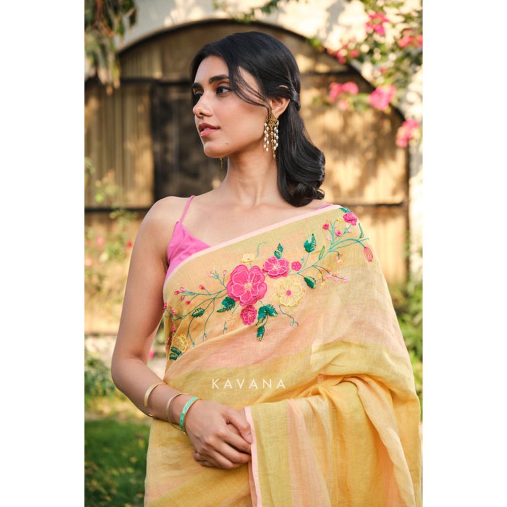 KAVANA Women Embroidered Yellow Sandhya Saree