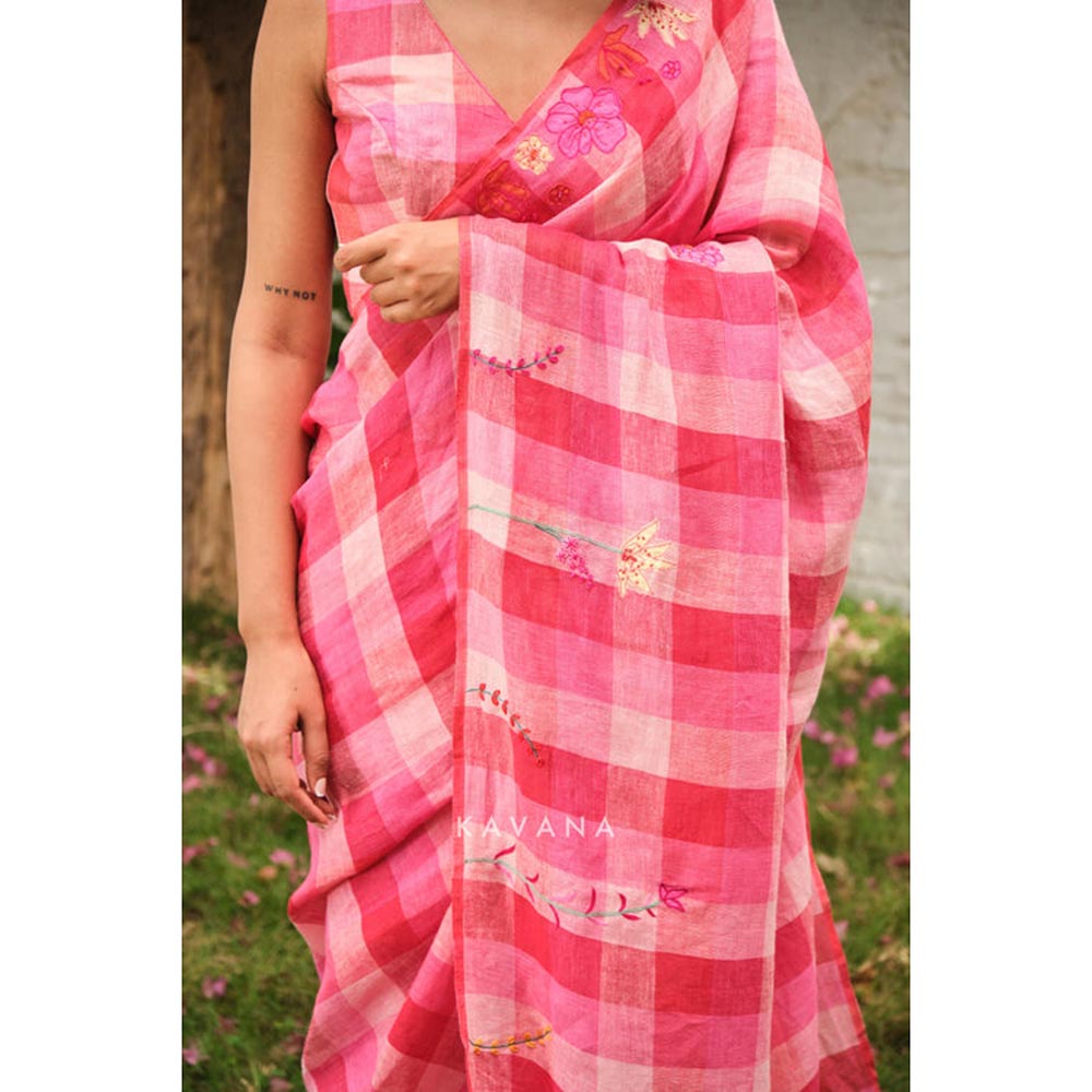 KAVANA Women Pink Checked Bubblegum Saree
