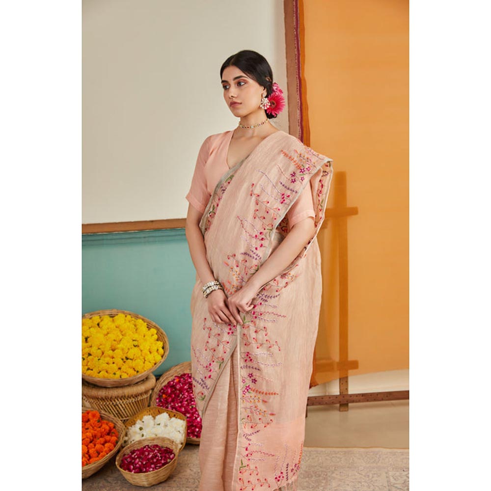 KAVANA Kashni Zari Peach Linen Saree