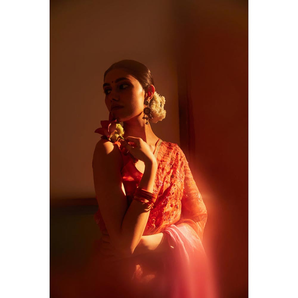 KAVANA Laila Zari Linen Orange Saree