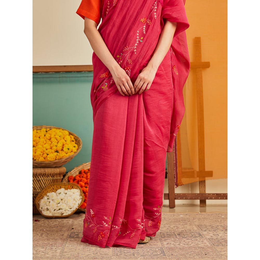 KAVANA Women Pink Dahlia Chanderi Saree