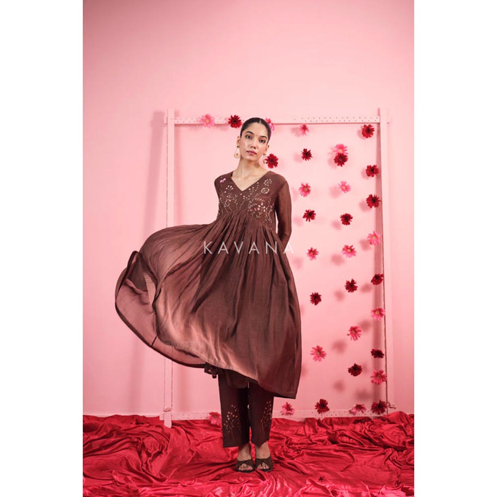 KAVANA Women Embroidered Brown Suhana Chanderi Anarkali Kurta and Pant