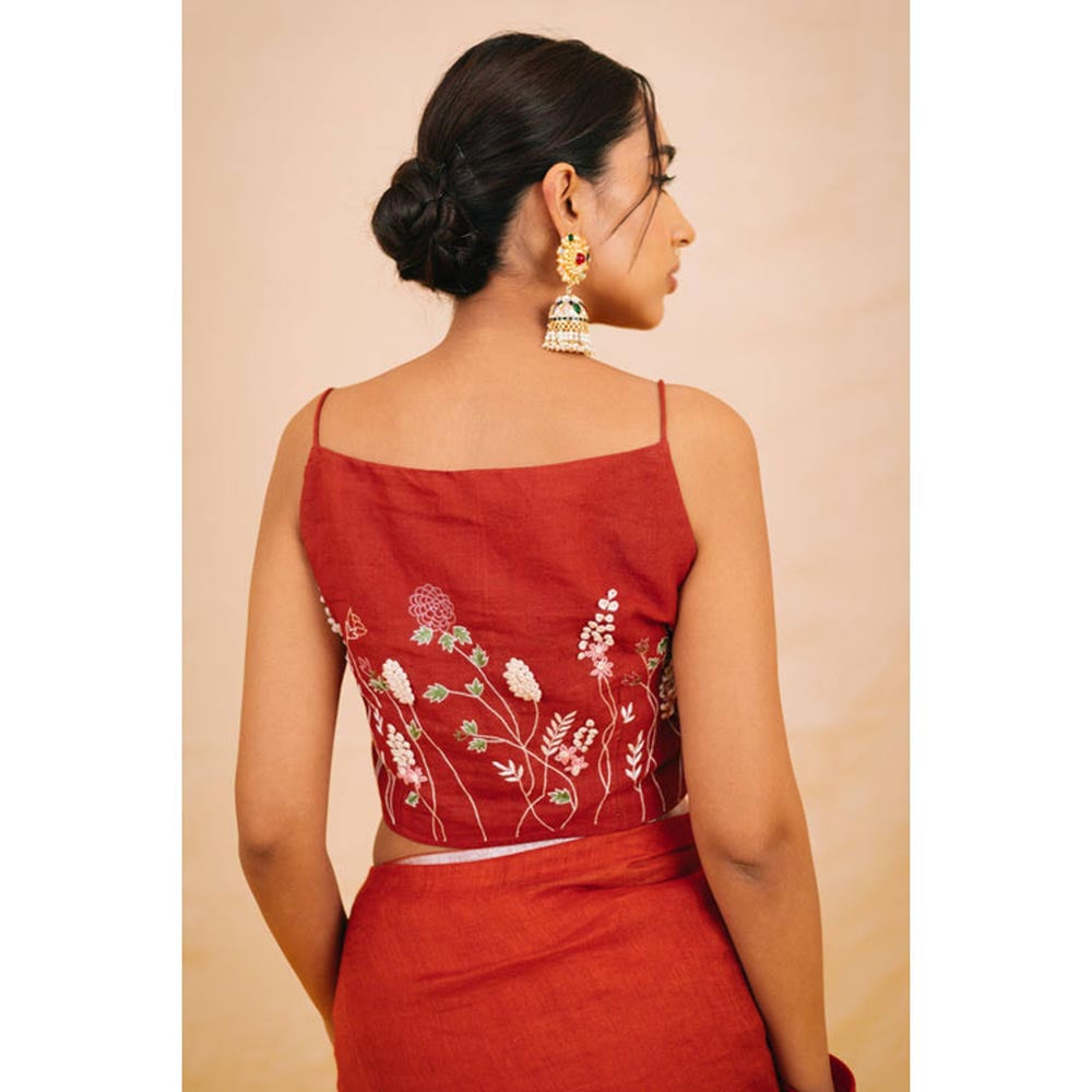 KAVANA Women Floral Embroidered Red Ibtida Linen Stitched Blouse
