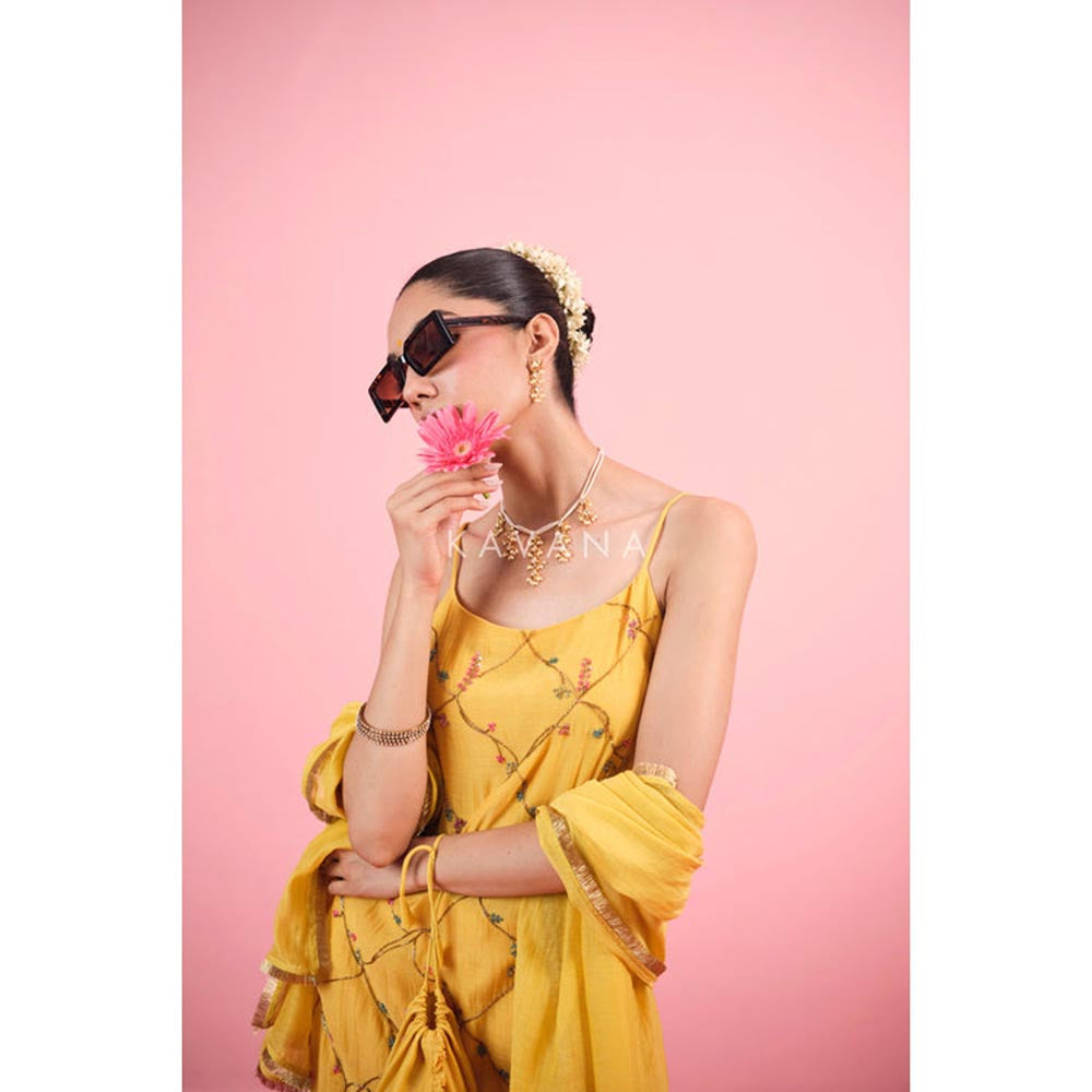 KAVANA Women Embroidered Yellow Surbhi Chanderi Kurta and Sharara
