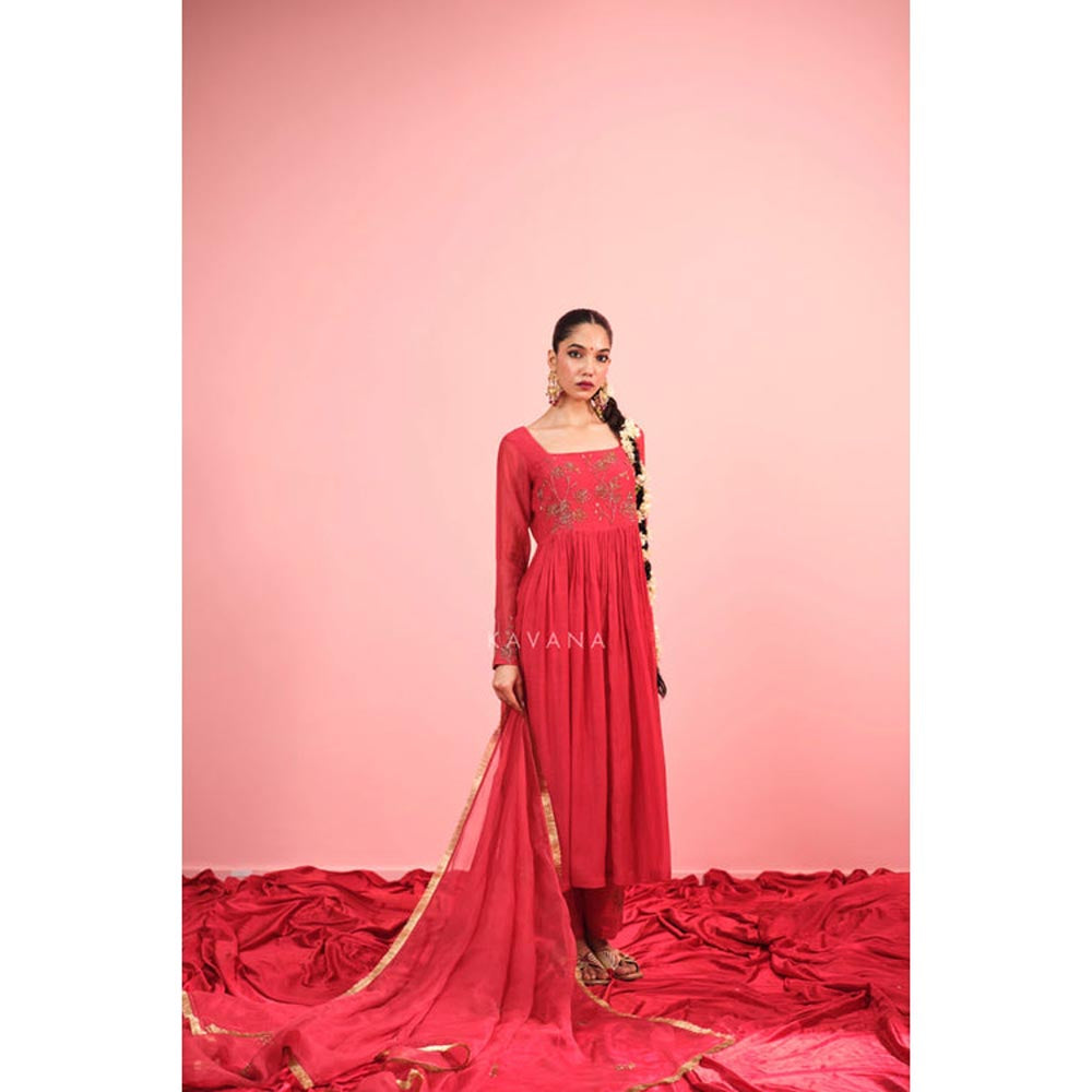 KAVANA Women Embroidered Red Rituja Chanderi Kurta with Pant