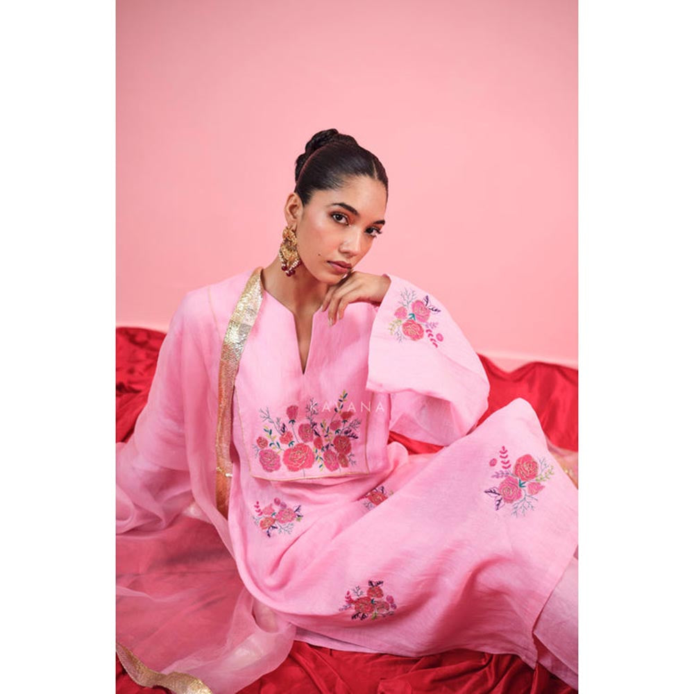 KAVANA Women Pink Floral Print Gulab Linen Straight Kurta with Palazzos