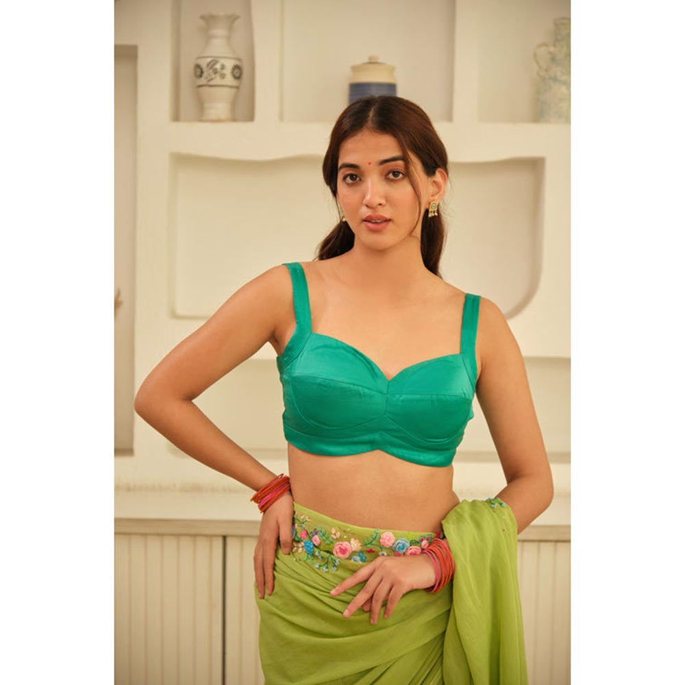 KAVANA Women Green Sweetheart Neck Silk Linen Stitched Blouse