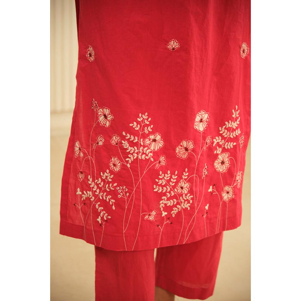 KAVANA Women Red Hand Embroidery with Lace Details Sotton Kurta with Pant