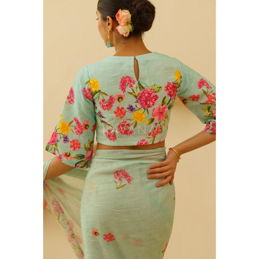 KAVANA Women Floral Print Blue Neesa Linen Stitched Blouse