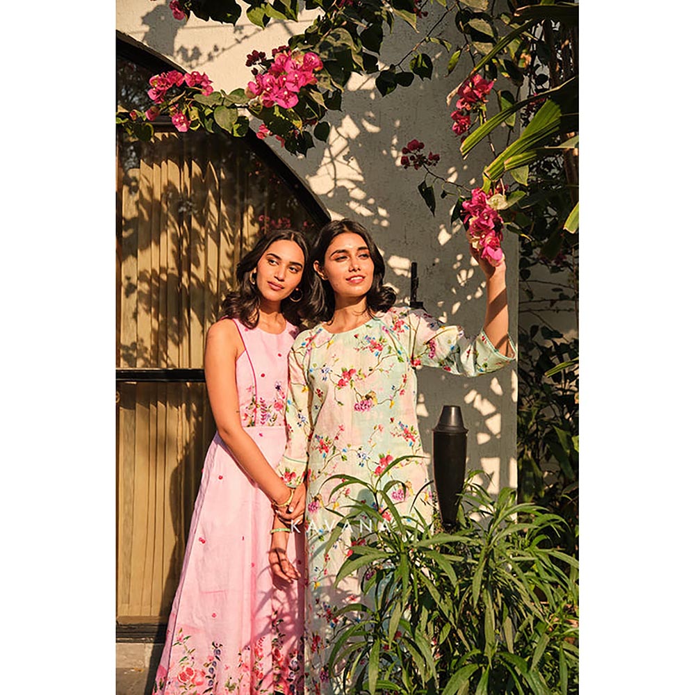 KAVANA Women Floral Embroidered Pink Anaar Dana A-Line Midi Dress