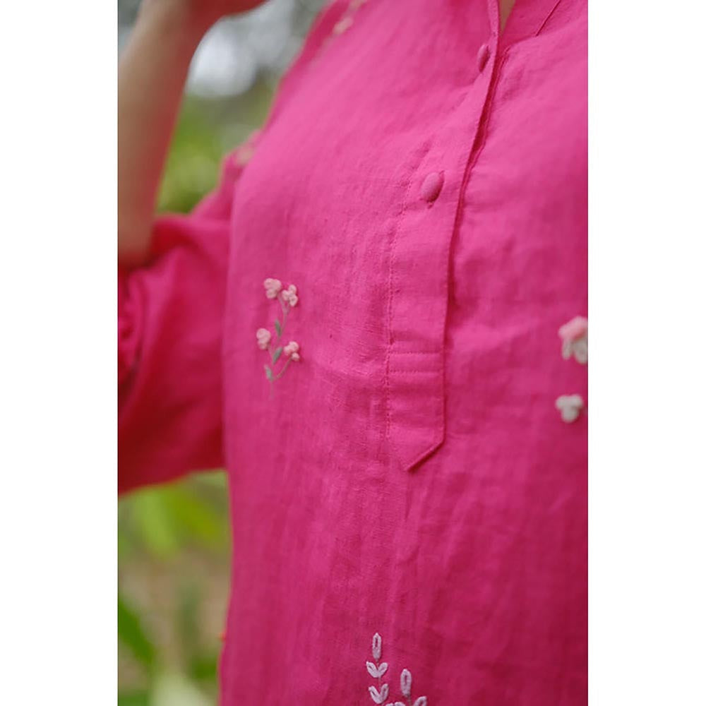 KAVANA Women Floral Embroidered Pink Erum Linen A-Line Midi Dress