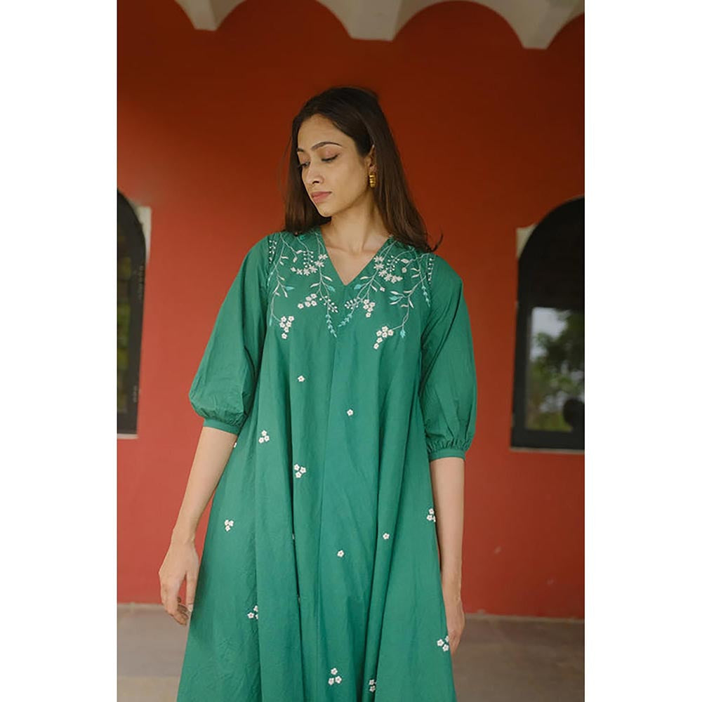 KAVANA Women Floral Embroidered Green Inaya Cotton A-Line Midi Dress