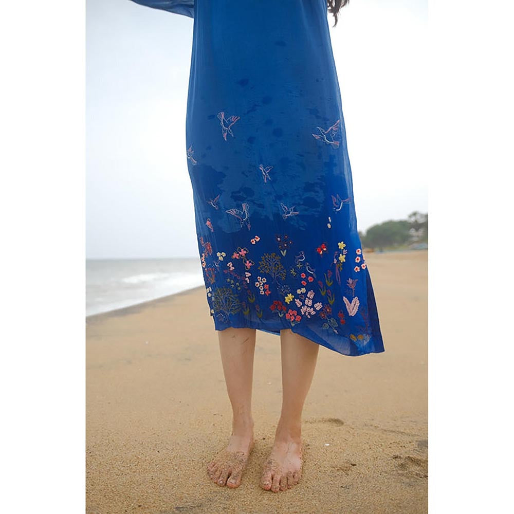 KAVANA Women Floral Embroidered Blue Firdaus Chanderi A-Line Midi Dress