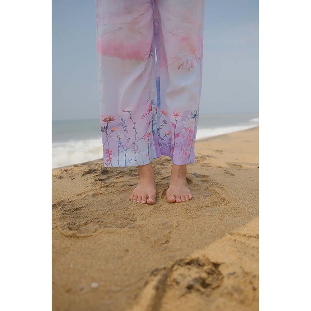 KAVANA Women Floral Print Blue Seher Linen Top With Pant Co-Ord's