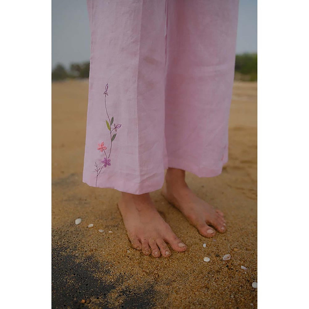 KAVANA Women Floral Embroidered Pink Ira Linen Shirt With Pant Co-Ord's