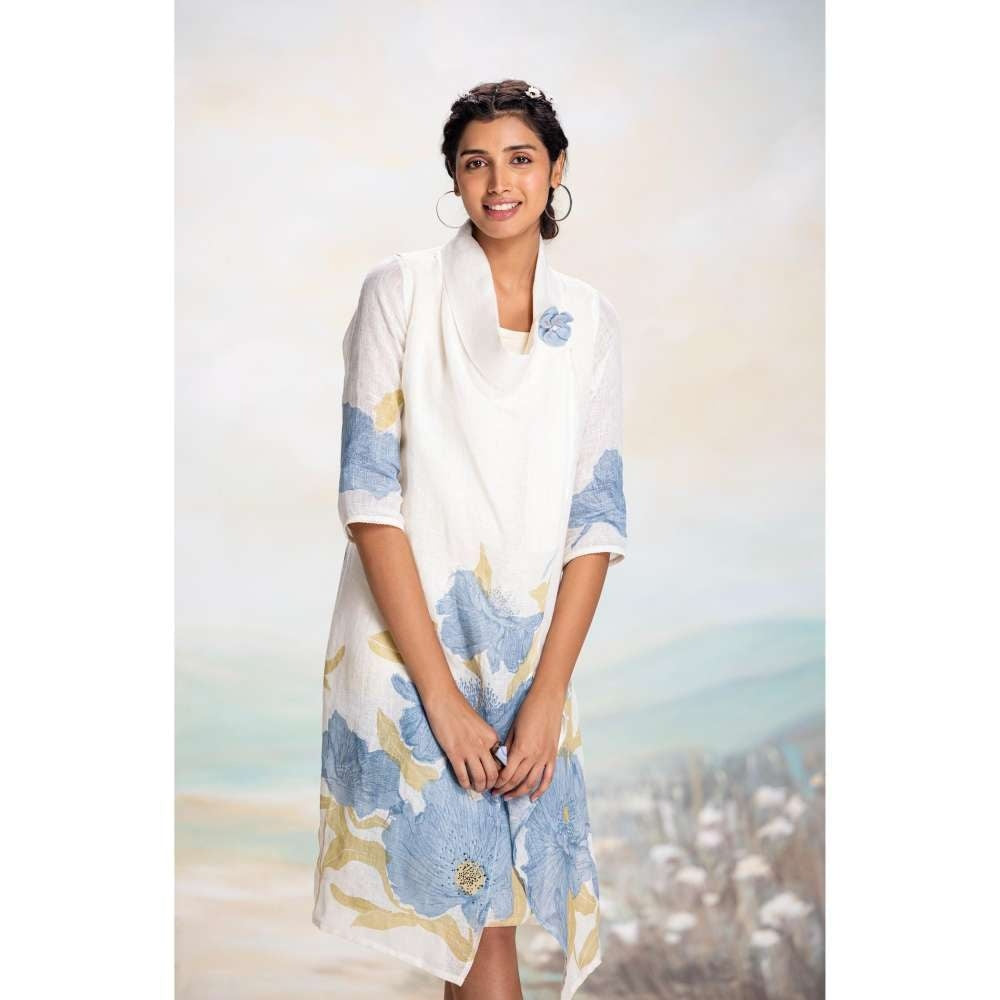 Kaveri Blue Bubble Flower Zoro Jacket Knee Length Dress