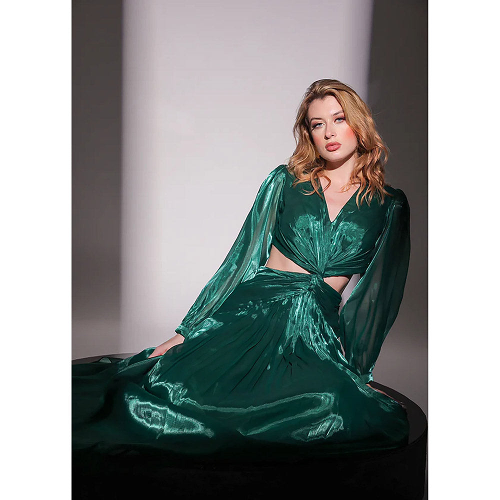 Kayjay by Kritika Jain Green Solid Full Sleeves V-Neck Gown