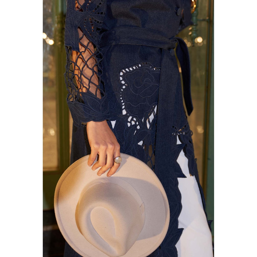 Kay Kay BY KKHUSHI SAHAII Women Denim Jenna Trench Coat with Belt (Set of 2)