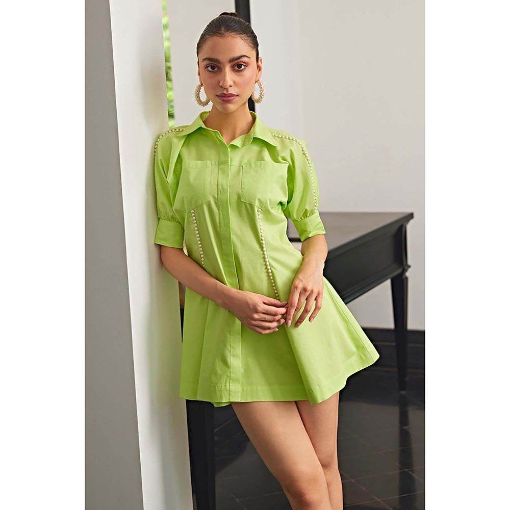 Kay Kay BY KKHUSHI SAHAII Neon Shirt Pearl Work Green Mini Dress