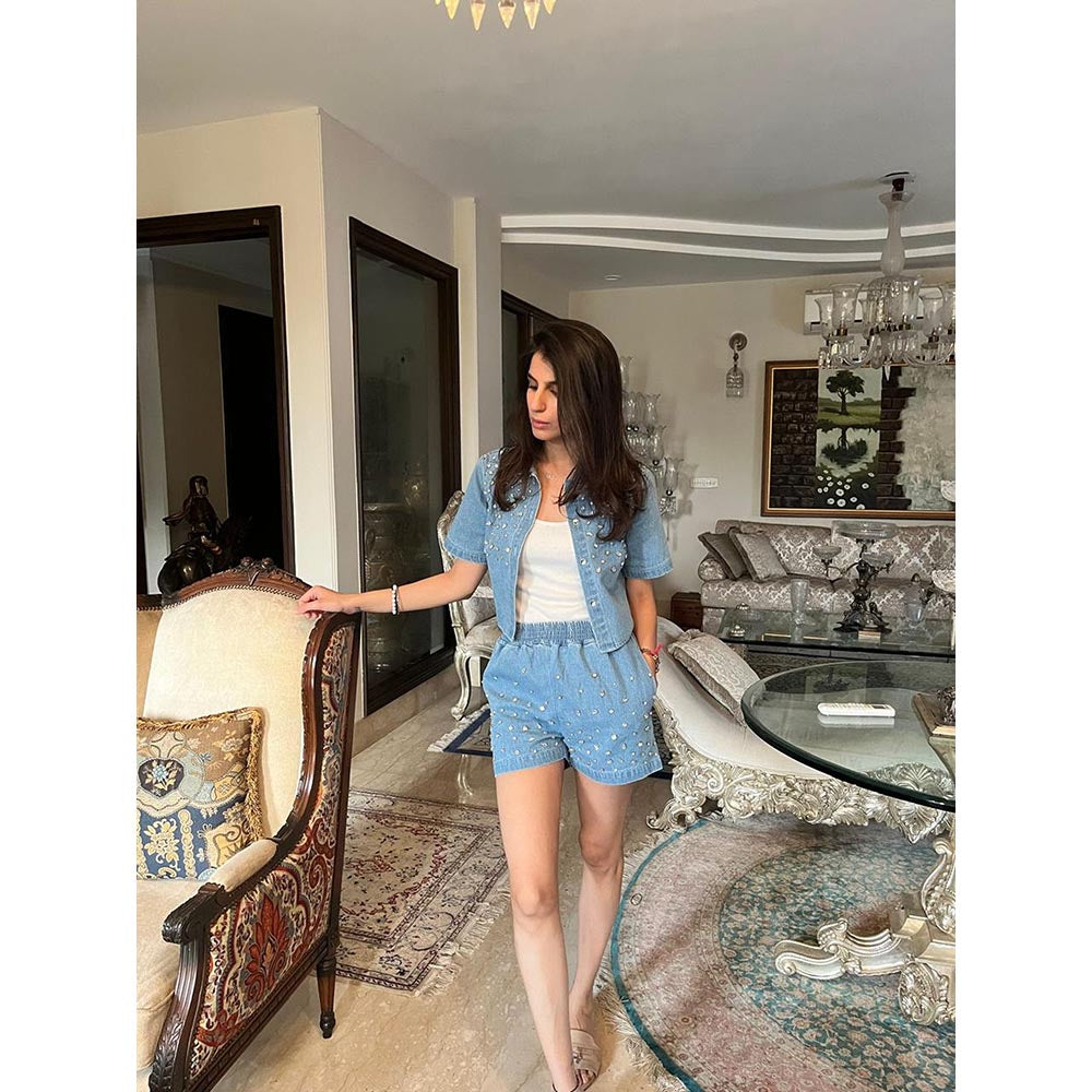 Kay Kay BY KKHUSHI SAHAII Blue Rue Embellished Denim Shirt And Short
