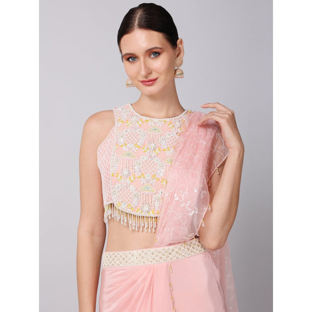 KEITH GOMES Sequined Crop Top Paired With A Crepe Skirt & Organza Drape (Set of 3)