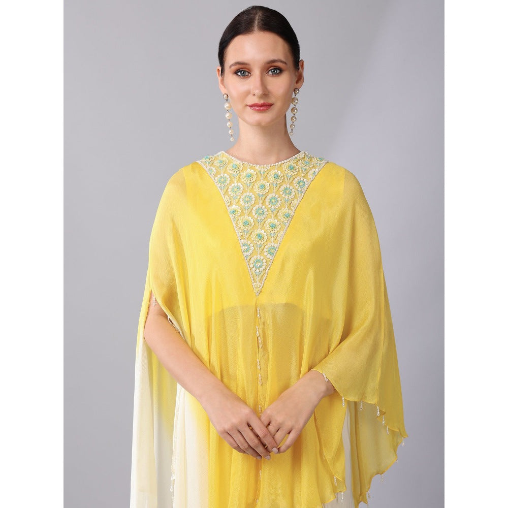 KEITH GOMES Yellow Flower Motifs Yoke Ombre Tunic & Palazzo (Set of 2)