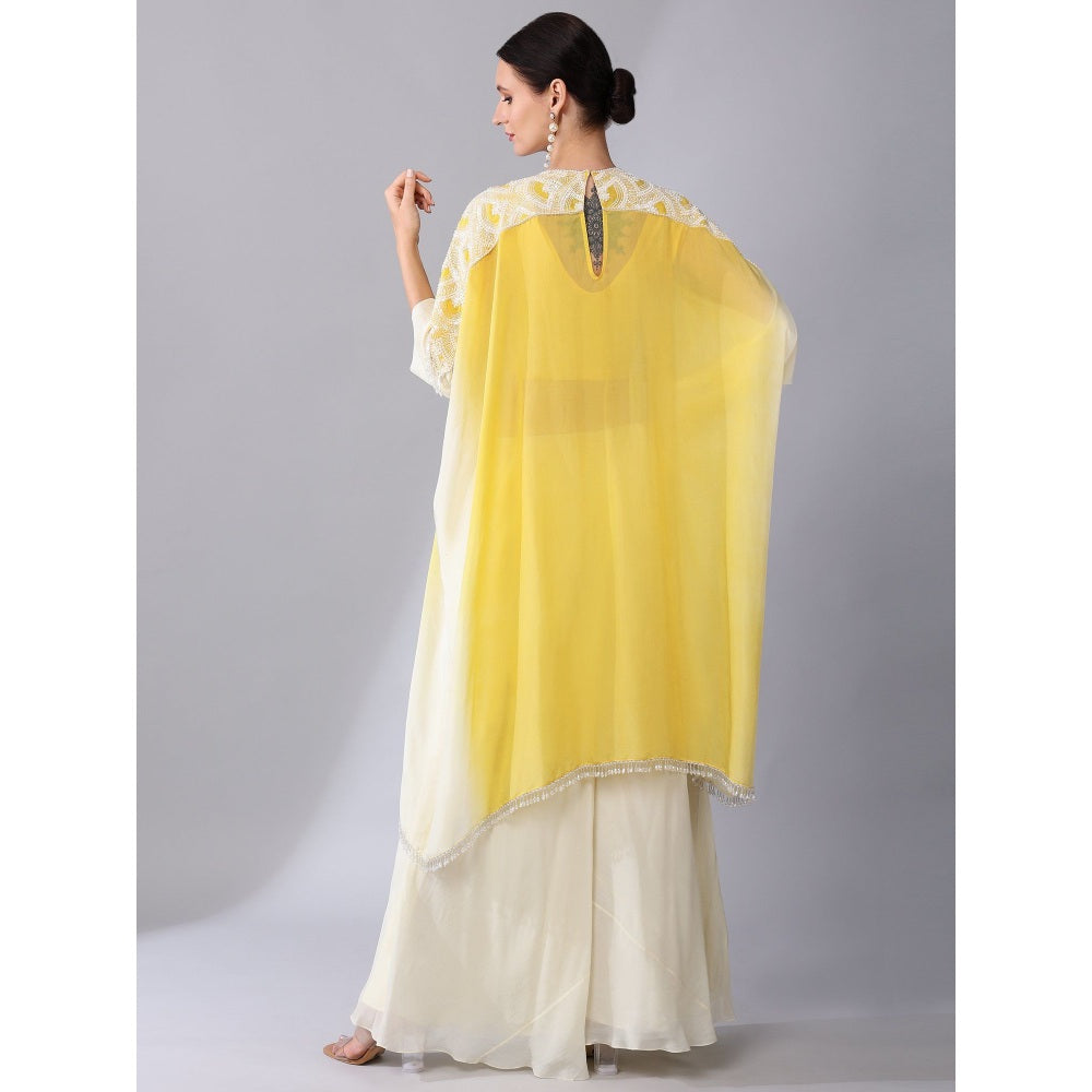 KEITH GOMES Ivory Bead Embroidered Yellow Kaftan & Palazzo And Slip (Set of 3)