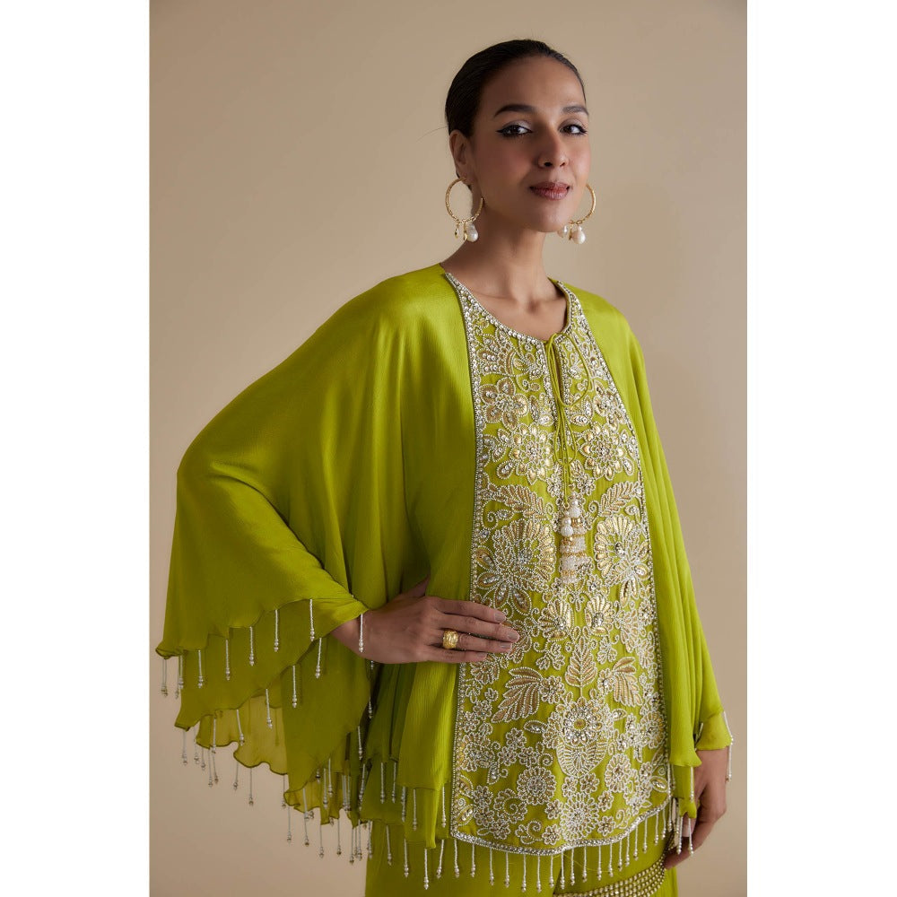 KEITH GOMES Green Bead Embroidered Double Layer Tunic & Palazzo (Set of 2)