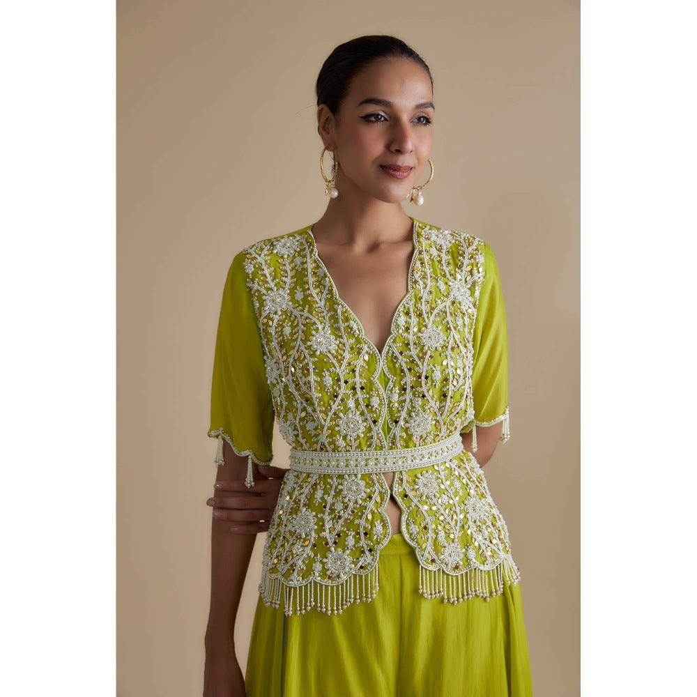 KEITH GOMES Green Bead Mirror Embroidered Peplum Top & Palazzo (Set of 3)