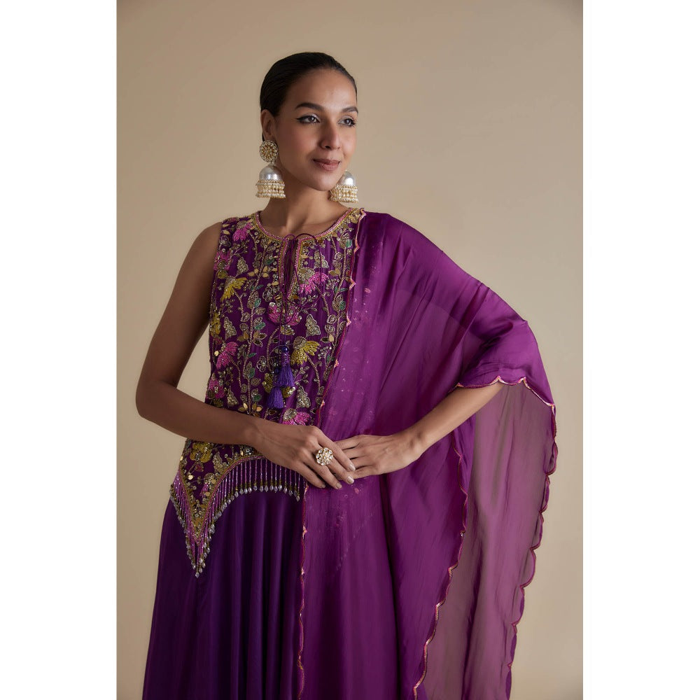 KEITH GOMES Purple Embellished Tunic Dupatta & Palazzo (Set of 3)