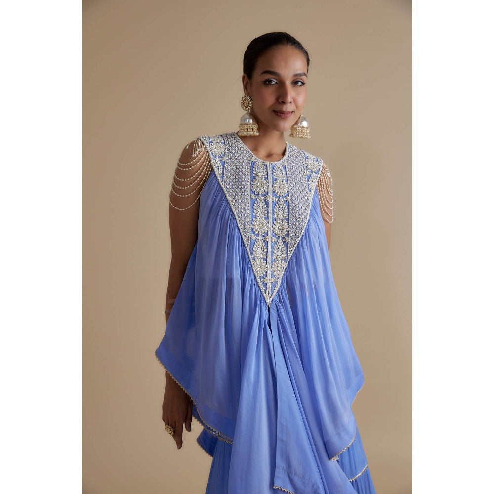 KEITH GOMES Blue Sequin And Mirror Embellished Tunic & Tier Sharara (Set of 2)