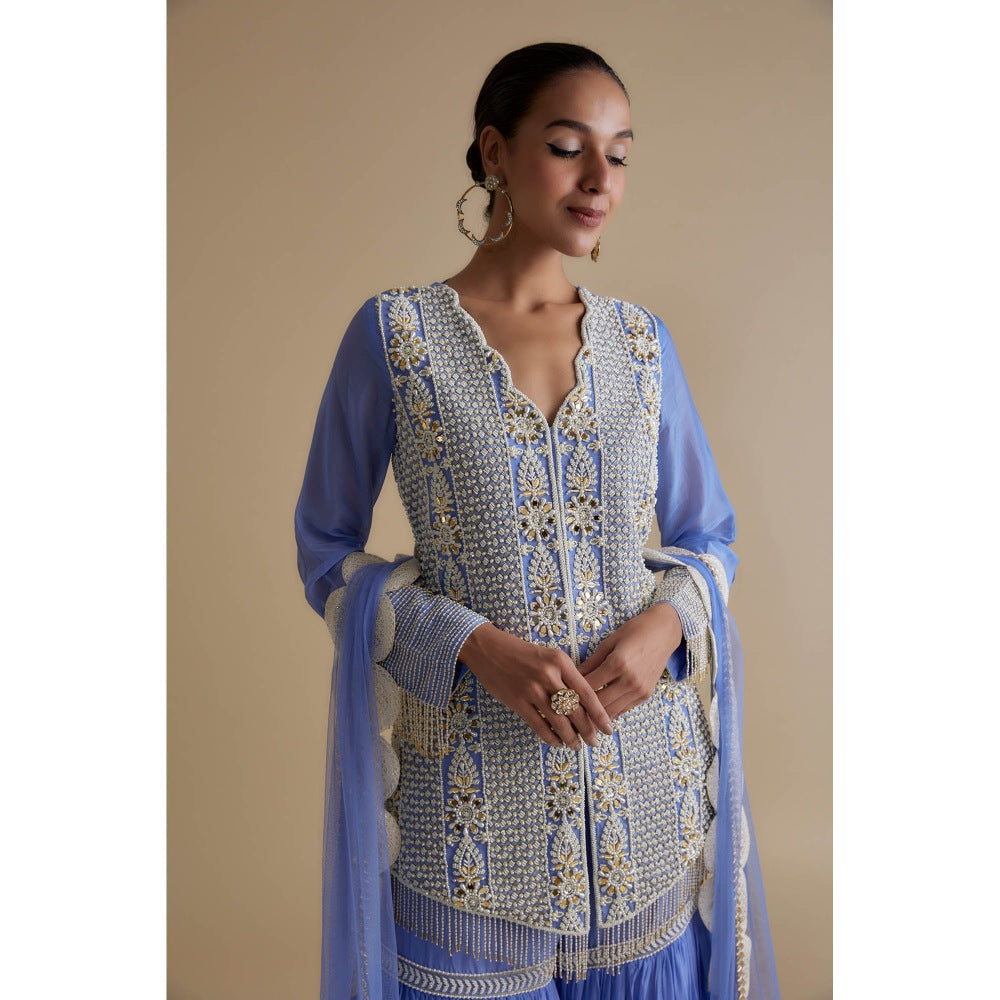 KEITH GOMES Blue Sequin And Mirror Embroidered Tunic Sharara & Dupatta (Set of 3)