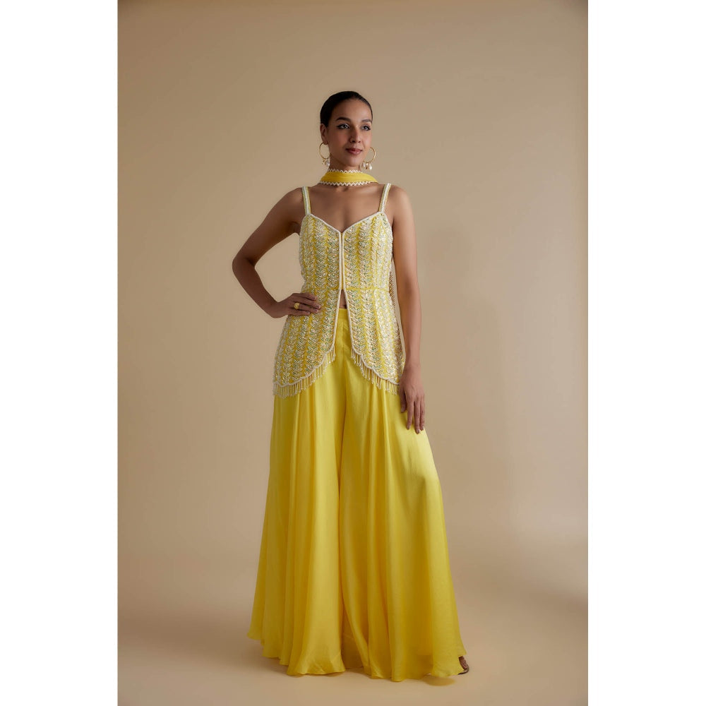 KEITH GOMES Yellow Sequins & Bead Embroidered Tunic Palazzo & Dupatta (Set of 3)