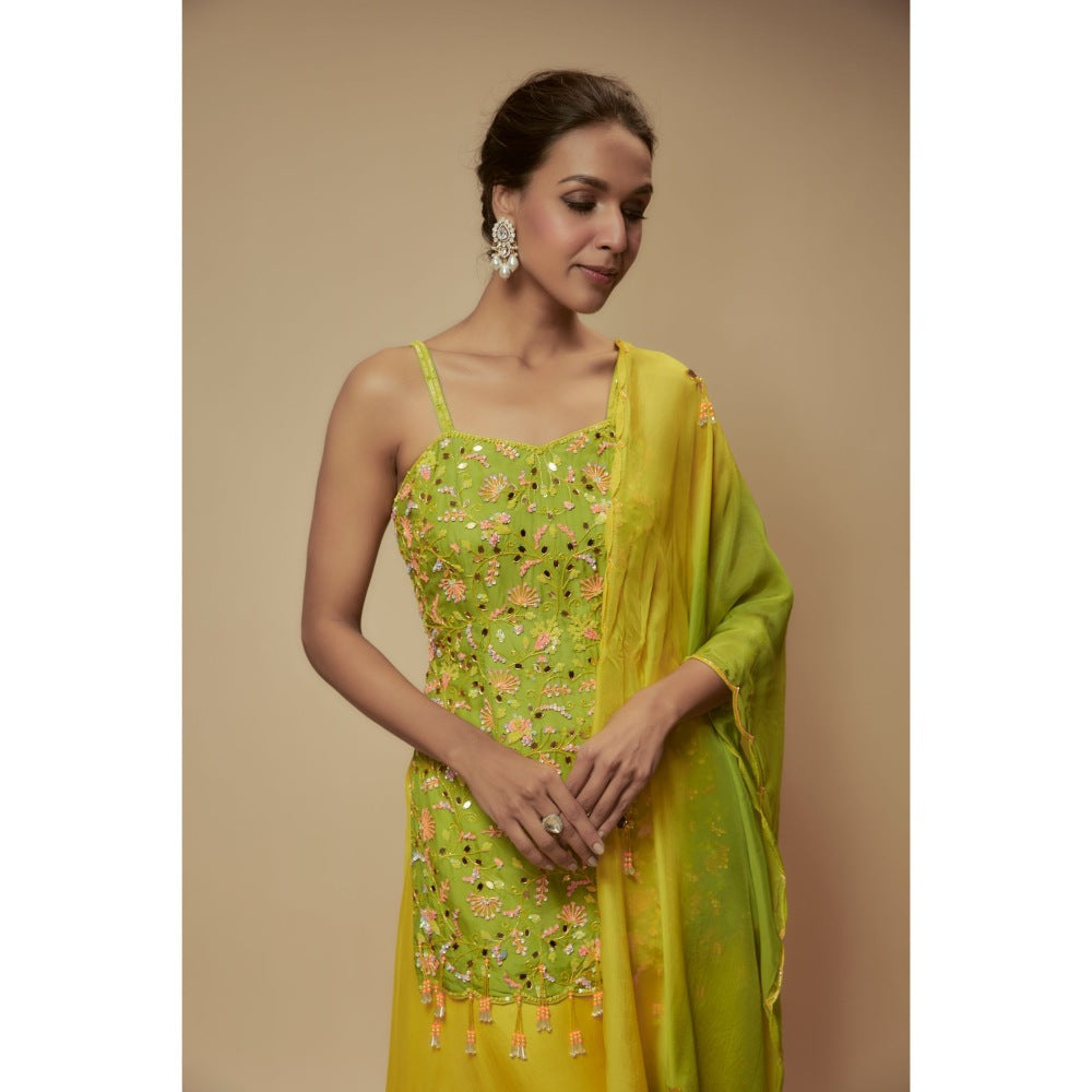 KEITH GOMES Green Organza Palazzo With Top And Dupatta (Set of 3)