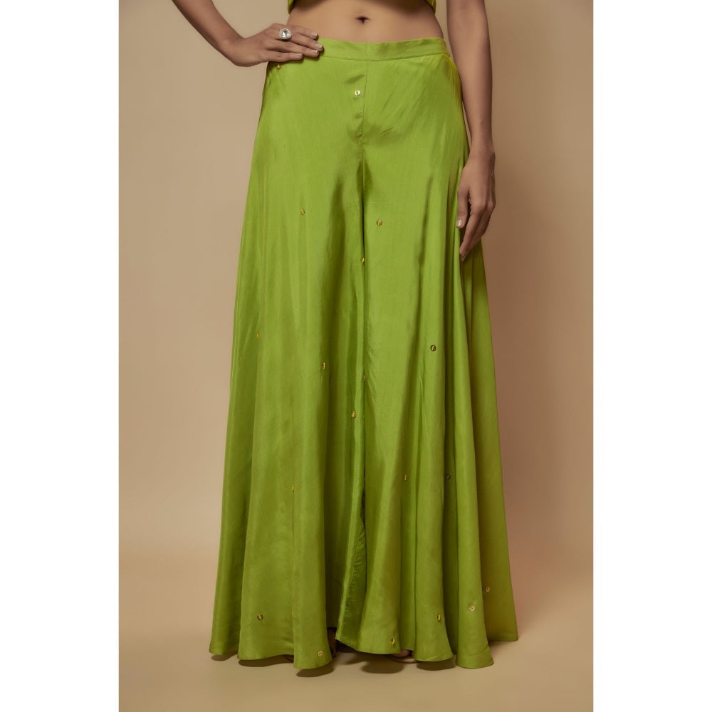 KEITH GOMES Green Silk Flare Palazzo With Top And Slip (Set of 3)