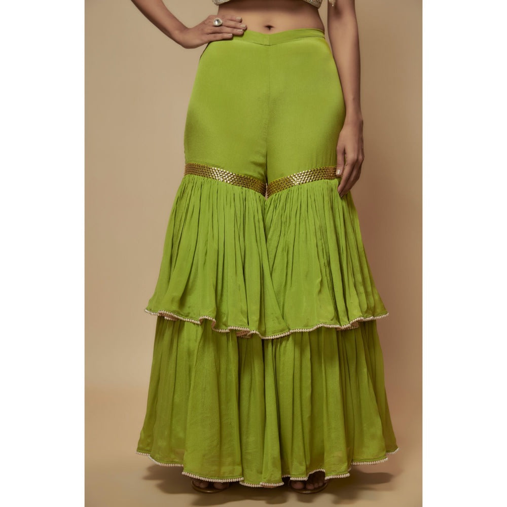 KEITH GOMES Green Silk Organza Cape With Blouse And Sharara (Set of 3)